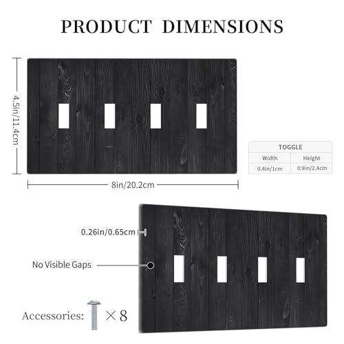 Decorative Switch Plate Covers Vintage Black Wood Plank Wooden Board 4 Gang Light Switch Cover Plate Quad Toggle Wall Plate Outlet Covers for Farmhouse Bedroom Home Decor