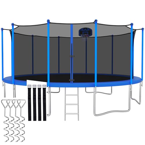 1500LBS 8 10 12 14 15 16 FT Tranpoline for Adults/Kids with Safety Enclosure Net, Basketball Hoop, Ball, Wind Stakes and Ladder, Heavy Duty Outdoor Recreational Tranpolines for Family