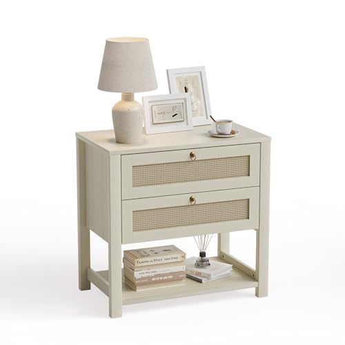 GRUSIGN Nightstand with Drawers and Storage Shelf - Large Nightstands Rattan Decor Boho Bedside Table Narrow Side Table for Bedroom, White - Image 4