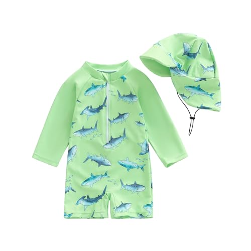 Madjtlqy Toddler Boys Rash Guard Swimsuit Funny Print Zipper Long Sleeve Bathing Suit Infant Bathing Suit Swimwear Beachwear (Green, 2-3 Years)