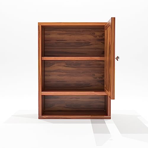 Image of Sheesham Wood Kitchen Cabinet for Home | Wall Mounted Kitchen Rack with Storage | Wooden Kitchen Unit /Organizer with 1 Door & 1 Shelf Storage | Honey Finish