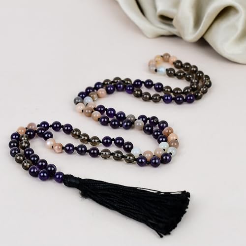 Collier Mala 108 perles améthyste quartz fumé pierre de lune lithothérapie