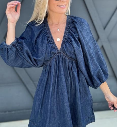 Image of utcoco Denim Dress Women Puff 3 /4 Sleeves V Neck Swing A Line Cute Babydoll Mini Jean Dresses for Women 2025 (Large, Dark Blue)