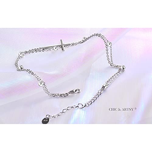 Chic & Artsy Cross Anklet 925 Sterling Silver Sideways Cross Anklet Bracelet Christian Cross Layered Anklet For Women Tiny Cross Anklet Double Layer Cross Anklet Bracelet #TOP3