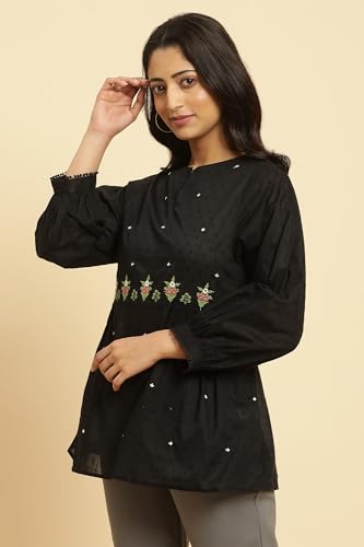 Image of W for Woman Black Floral Embroidered Western Top