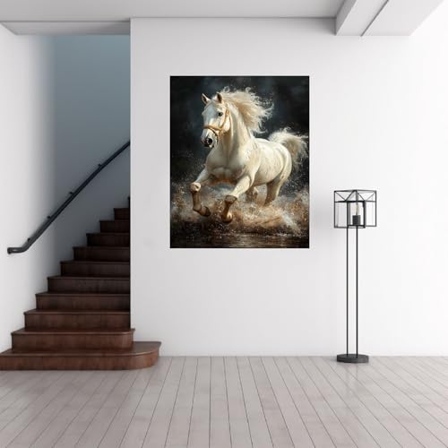 Tableau cheval blanc au galop 30x45cm avec cadre décoration murale