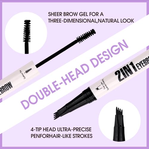 2-in-1 Makeup Eyebrow Pen with Powder: Dark Brown, for Grooming & Shaping Eyebrow, Waterproof, Ultra-Fine 4 Micro-Fork Tip, Powder for Shaping, Filling, and Decorating Brows, M-RM-X0