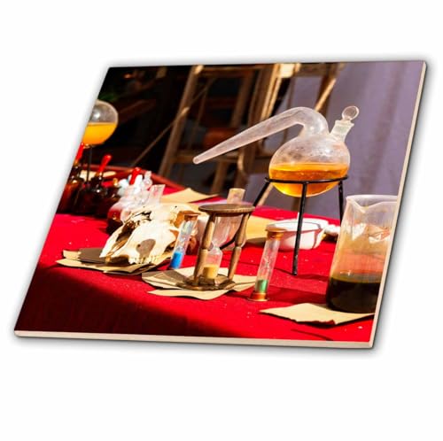 3dRose Medieval Chemical Tools, Retort, Hourglass or Sand Glass, Skull 4 Inch Ceramic Tile