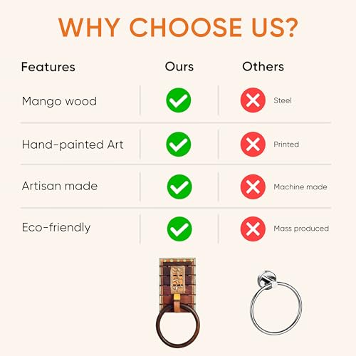 Image of Aakriti Art Creations Dhokra Art Wooden Towel Holder | Handcrafted Bathroom Towel Hanger with Tribal Metal Art | Matte Finish Brown Wall Mounted Towel Ring for Bath & Wash Area