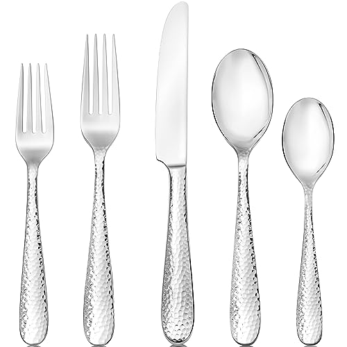 Image of Hudson Essentials Premium 60 Piece Hammered Silverware Set, 18/10 Stainless Steel, Fine Flatware Service for 12 - Dishwasher Safe Bergamo Cutlery