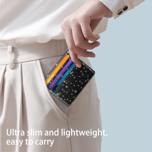 Image of Slim Minimalist Pocket Credit Card Holder Wallet Women | RFID Blocking Lightweight Thin Small Cute Card Cases, Glitter Black