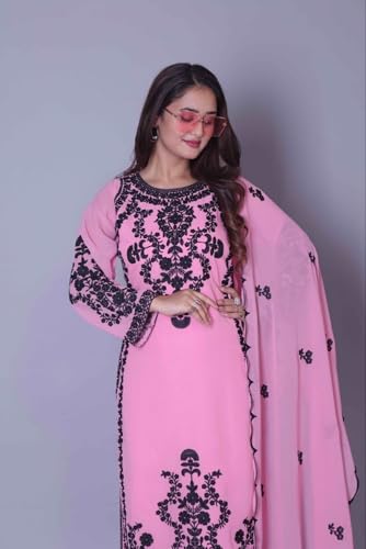 Image of Women's Georgette Embroidered Kurti | Round Neck | Full Sleeves | with Pant and Dupatta Set-pink-NR-111
