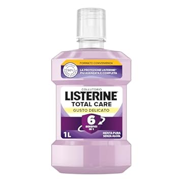 LISTERINE Collutorio Total Care, Collutorio senza alcool al Gusto Delicato di Menta, Collutorio con 6 benefici in 1 per una pulizia accurata e un'igiene orale completa, 1L
