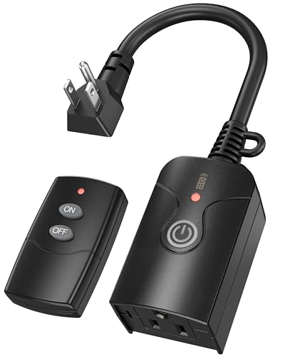 HBN Outdoor Indoor Wireless Remote Control 3-Prong Outlet Weatherproof Heavy Duty 15 A Compact 1 Remote 1 Outlet with Remote 6-inch Cord 100ft Range ETL Listed (Battery Included)