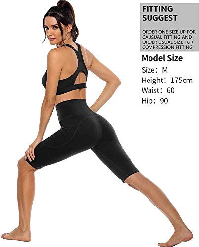 Anwell Sportleggings für Mädchen Blickdicht Sporthose kurz High Waist with Pockets Tights Yogahose Damen Schwarz S