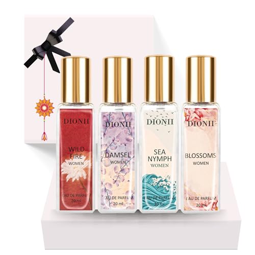 Image of Dionii Eau De Parfum Rakhi Gift Set for Women | DAMSEL, SEA NYMPH, BLOSSOMS, WILDFIRE Perfume | Long Lasting Fragrance (4 x 20ml Each)