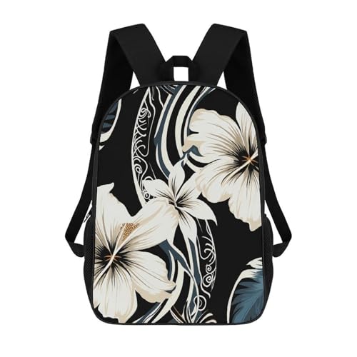 Black And White Hawaiian Flowers Backpack - Durable 600D Polyester, 17 Inch Backpack with Ergonomic Adjustable Straps, Lightweight Travel Bag for Men & Women