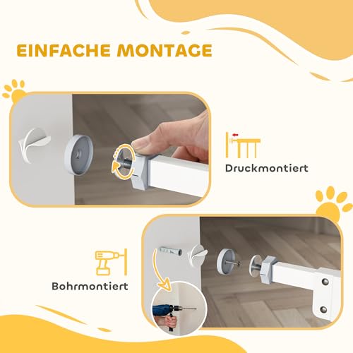 PawHut Treppenschutzgitter Türschutzgitter Ohne Bohren 74-80cm Kinderschutzgitter mit Auto-Close, Einhand Öffnung, doppelte Verriegelung, Türgitter für Kinder, Haustiere, für Treppen, Türen, Weiß