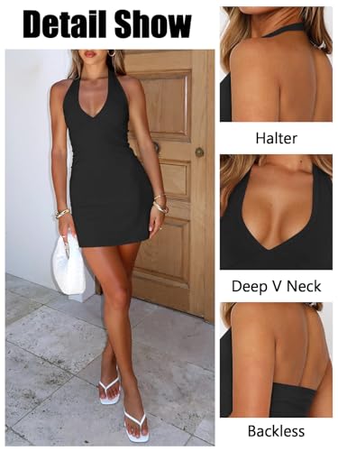 Image of Women's Sexy Halter V Neck Mini Dress for Women Summer Slim Fit Going Out Club Party Bodycon Short Dresses