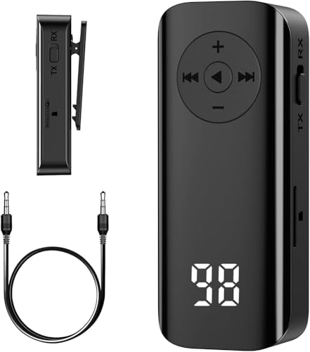 OQIMAX Bluetooth Sender Klinke Bluetooth Adapter, 2 in 1 Blue-Tooth 5.3 Transmitter und Receiver Klinke 3,5 mm, mit Anzeigebildschirm, Lavalier-Design, Unterstützt TF-Karte