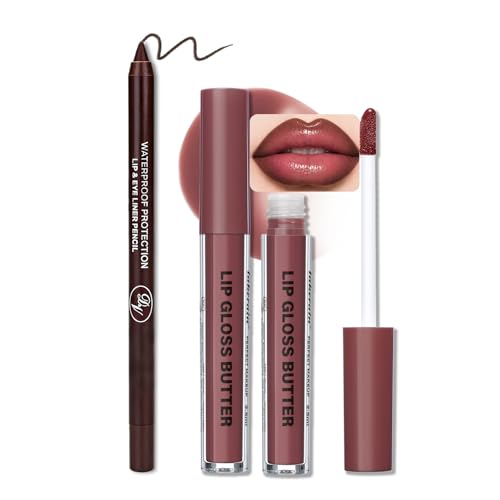 Image of BAISEN DIARY 2PCS Lip Gloss with Brown Lip Liner Lip Combo Set, Romantic Mauve Rose Shade for Soft Nude Pink Lips, Lip Plumping Effect, High Shine Juicy Gloss, Over Lip Makeup for Fuller Looking Lips