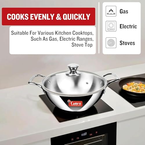 Image of Camro Triply Artisian kadhai with Glass Lid | Kadhai for Deep Frying | Kadhai Induction Base | Kadai for Cooking Stainless Steel | Induction Friendly Dishwasher Safe (5.8 Liters)