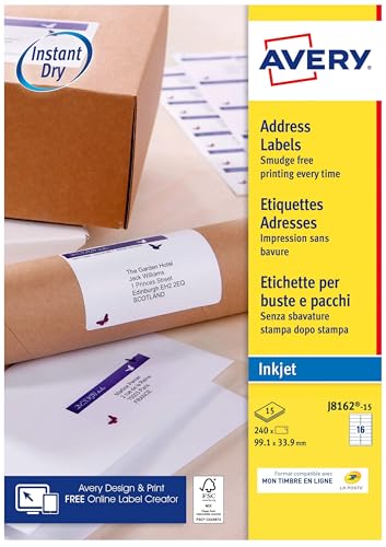 Avery Étiquettes Autocollantes Blanches 240 Pièces 99,1 x 33,9 mm J8162-15 - Feuille A4, Imprimante Jet d'Encre, Format Compact, Papier FSC, Compatible Mon Timbre en Ligne