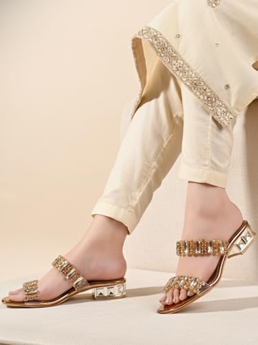 Image of ELLE Women's Dual Strap Embellished Sandal Gemstone Adorned Low Heel