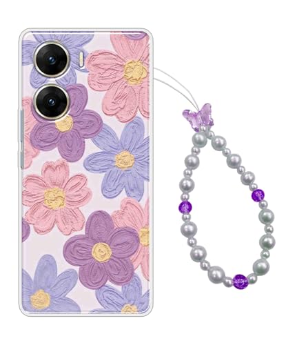 Image of COBERTA Back Cover for Vivo V29e 5G Back Cover Case with Phone Charm Chain Strap Beads & Pearls for Girls Stylish - Blue Pink Flower with Bow Tie - D16917
