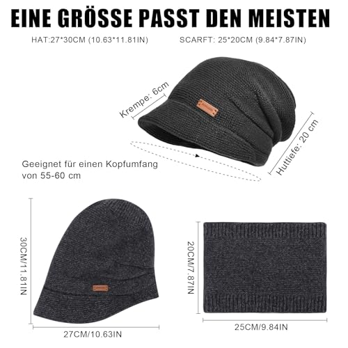 Fjquamitix Winter Mütze Damen mit Schal Set, Strickmütze für Damen mit Visier und Weichem Innenfutter, Warme Herbst Mütze und Schal Kombinationsset