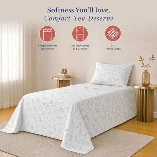 Image of Jaipur Weaves Single Bed Cotton Bedsheet with 1 Pillow Cover, 100% Pure Cotton Single Bedsheet 60x90 Inches, 240 TC Soft Breathable Bed Sheet - (Spring Tulips Yellow, Single)
