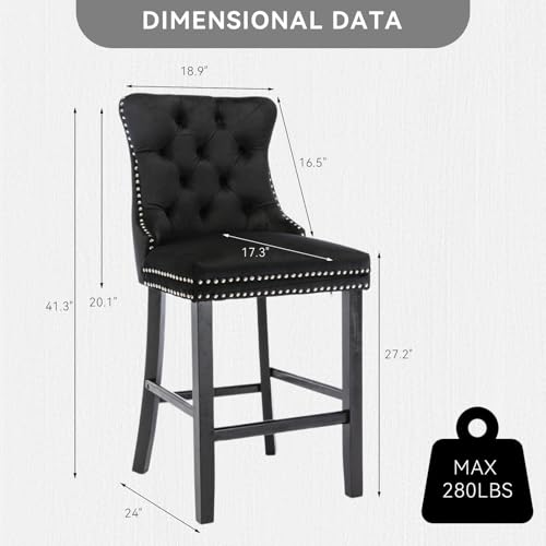 Butacos Tapizados en Terciopelo con Espalda y Patas de Madera, Anillo Metálico para Tirar, Sin Reposabrazos, Altura para Isla de Cocina, Pub (Negro), Juego de 2 miniatura 3