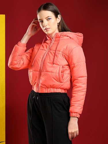 Image of KOTTY Women's Solid Full Sleeve Zipper Hooded Neck PuffercJacket