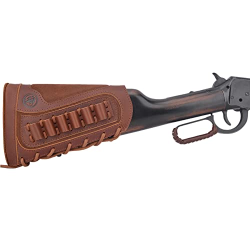 Wayne's Dog Leather Buttstock Cheek Rest With Rifle Shell Holder For .357 .308 .30-30 .30-06 .45-70 12Ga 16Ga 20Ga .22Lr (Brown(.308 .30-06 .45-70), Right Handed) #TOP7