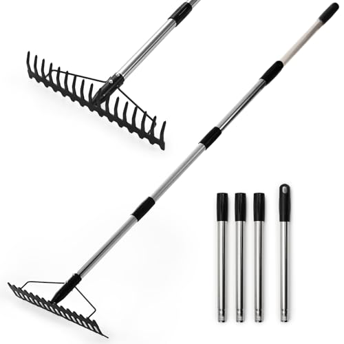 Warmiehomy Garden Rake Landscaping Rake Tool With 1.6M Adjustable Stainless Steel Handle, Bow Rake Garden Tools For Loosening Soil/Gathering Leaf/Leveling Lawn