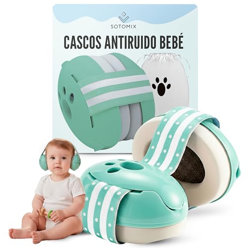 SOTOMIX Cascos bebé antiruido con banda antideslizante – Auriculares aislante acústico para proteger de daños auditivos – Protectores cómodos y seguros para recién nacidos y niños de hasta 36 meses