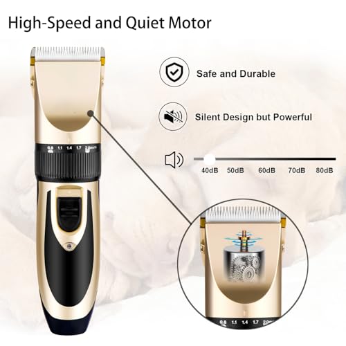 Highdas Dog Clippers for Grooming Low Noise, Cordless Electric Dog Grooming Kit Clippers Rechargeable, Quiet Dog Shaver, Pet Hair Trimmer Kit for Dogs & Cats (Gold)