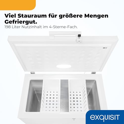 Exquisit Gefriertruhe | 198 l Nutzinhalt, Energieeffizienzklasse E, 41 dB | Schnellgefrieren, LED-Beleuchtung, elektronische Temperaturregelung, Türschloss, manuelles Abtauen | GT5201-HE-040E weiss