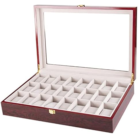 SHZICMY 24-Slot Watch Box, Watch Holder with Glass Lid, Watch Case with Removable Watch Pillow, Velvet Lining, Metal Clasp, Watch Display,Gray Lining, 17.32 * 11.61 * 3.54inch(US Stock) Cover