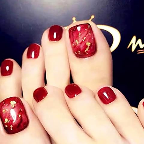 NICENEEDED 24 PCS Red Glossy Press on Toenails Cover