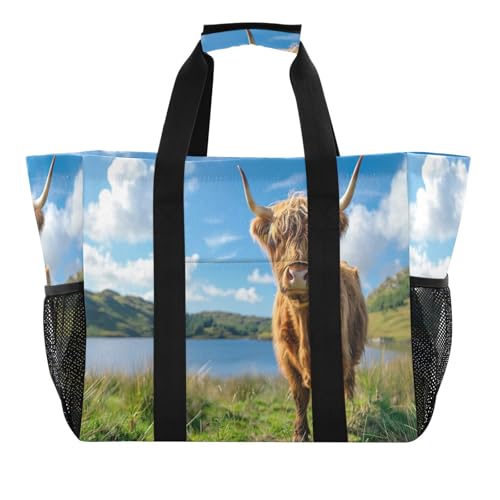 YETTASBIN Hignland Cow Large Foldable Travel Tote Bag, Lightweight Waterproof Swim Pool Bag with Handles & Pocket for Beach Outdoor, Reusable Grocery Bag for Kitchen, Shopping2