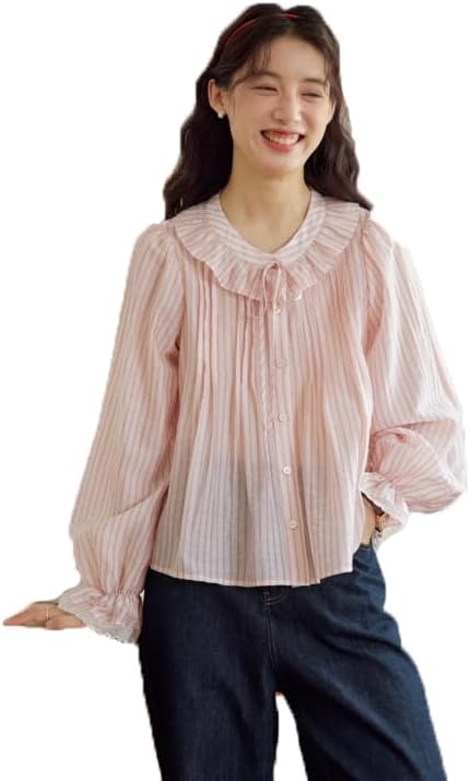 Pink Striped Ruffled Collar Tie-Front Blouse Spring Long-Sleeve Shirt