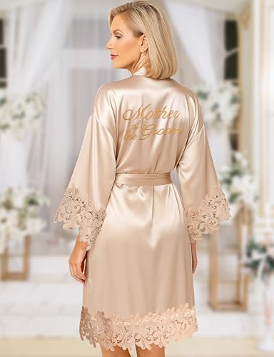 Image of EPLAZA Bride Robe for Wedding Day Set Bridal Robe Lace Trim Silky Embroidery Satin Kimono for Bridal Party
