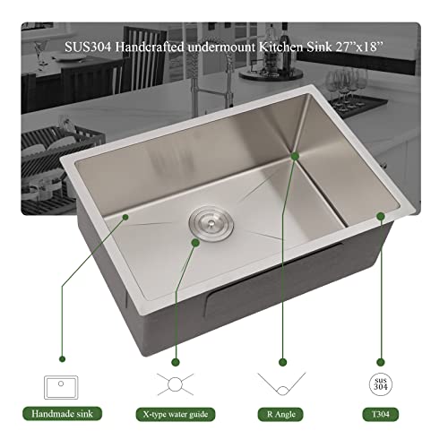 27 Undermount Kitchen Sink - Donsdey 27"×18" Kitchen Sink Undermount 16 Gauge Stainless Steel Kitchen Sink Under Counter Single Bowl Basin #TOP5