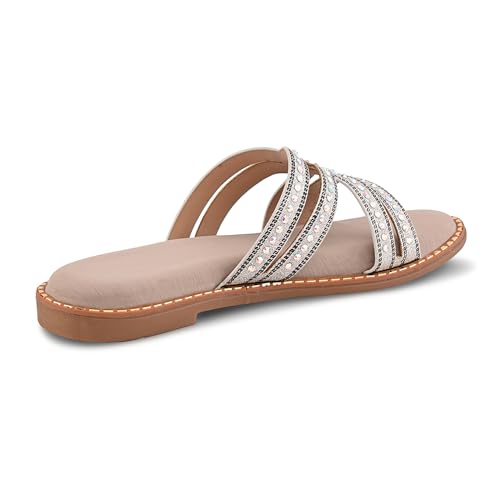 Image of Centrino Women's Beaded Flat Sandals| Open Toe Stylish Slip-On Sandals for Ladies | Metallic Crisscross Straps with Soft Cushioned Footbed for Comfort | Lightweight Casual Fashion Footwear (9305)