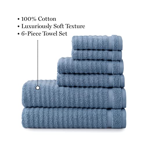 Martha Stewart Textured Cotton Bath Towels Set - 6 Piece | 2 Bath Towels - 2 Hand Towels - 2 Washcloths | Quick Dry Bathroom Towels | Bathroom Essentials | Absorbent | Toallas | Blue #TOP6