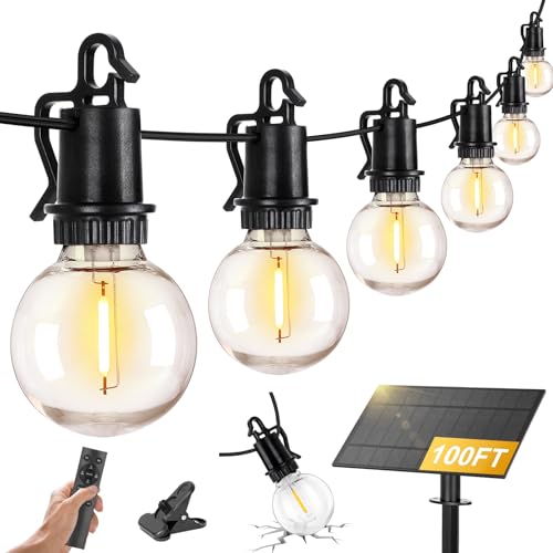 ZJOJO Guirnalda de luces solares para exteriores impermeables, 100 pies, G40, luces de patio, funciona con energía solar con 30 bombillas Edison, 2700 K, luces colgantes inastillables para porche