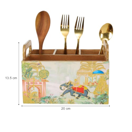 Image of Multipurpose MDF Wooden Cutlery Holder| Enamel Coated |Waterproof Spoon Stand with 4 Compartments for Kitchen, Dining Table & Home Decor (Red Elephant)