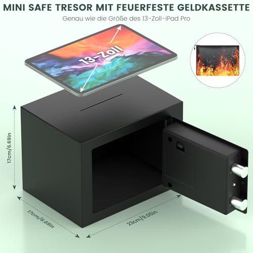 Mini Safe Tresor für Zuhause, Digitaler Tresor mit Ersatzschlüssel, Abnehmbarem Regal und Alarmanlage, Wandtresor mit Zahlenschloss für Bargeld Wichtiger Dokumente
