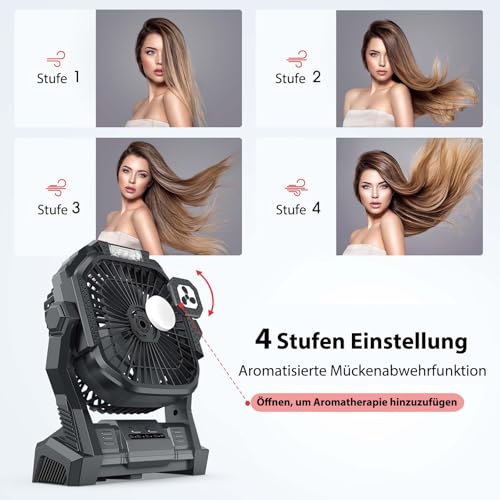 PDBEST Batteriebetriebener Ventilator 20000mAh Kabellos, Wiederaufladbarer Tragbarer Ventilator mit LED-Laterne, Tischventilator, USB-C-Akku Campingventilator für Reisen, Strand, Schwarz Black – Bild 3